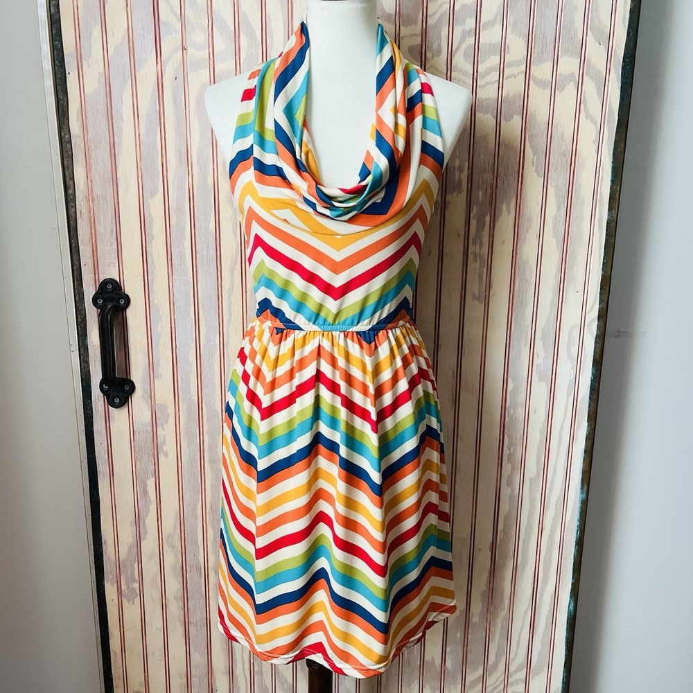 Judith March Rainbow Chevron Stripe Cowl Neck Racer Back 70's Disco Dress Size L - Picture 2 of 9